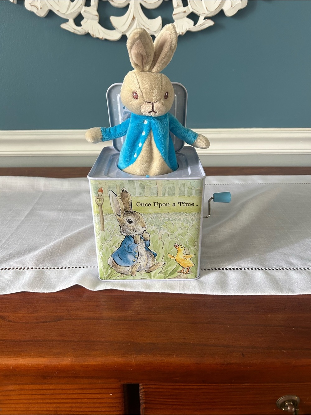 Plush Bunny Jack-in-the-Box Toy in Beige and Blue - Kids Dolls & Accessories